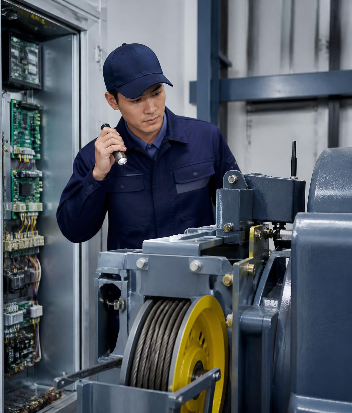 Técnico especializado inspeccionando la máquina de tracción de un ascensor